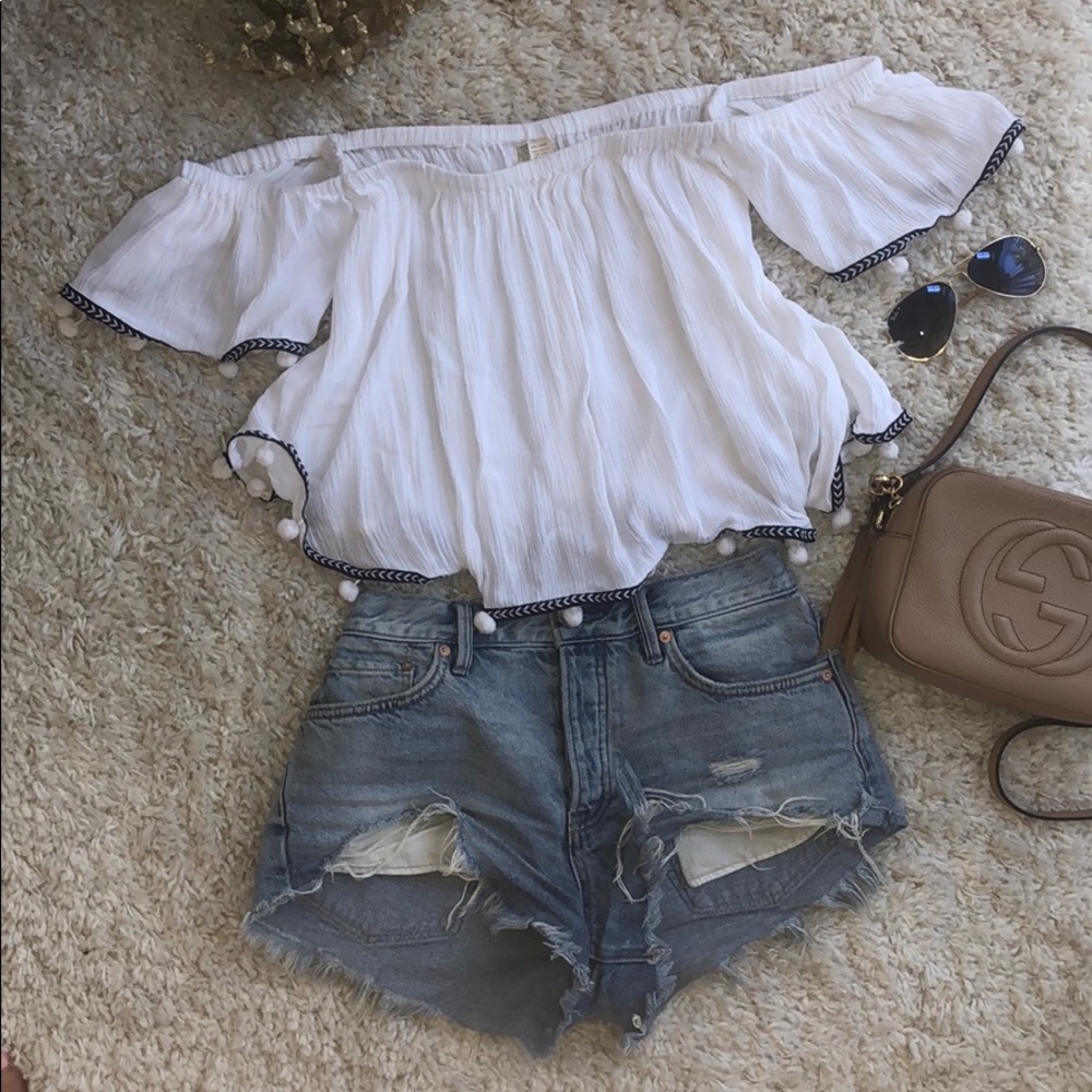 White Off the Shoulder Bohemian Top with PomPoms